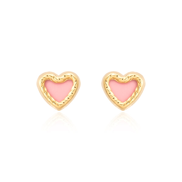 Damen & Kinder Herz 10 mm Ohrringe Gelbgold 9K Perlmutt Rosa graviert