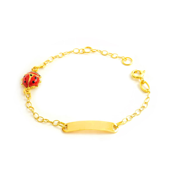 Mädchen Armband Gelbgold 18K Emaille Marienkäfer Rot-Schwarz Glanz 14 cm