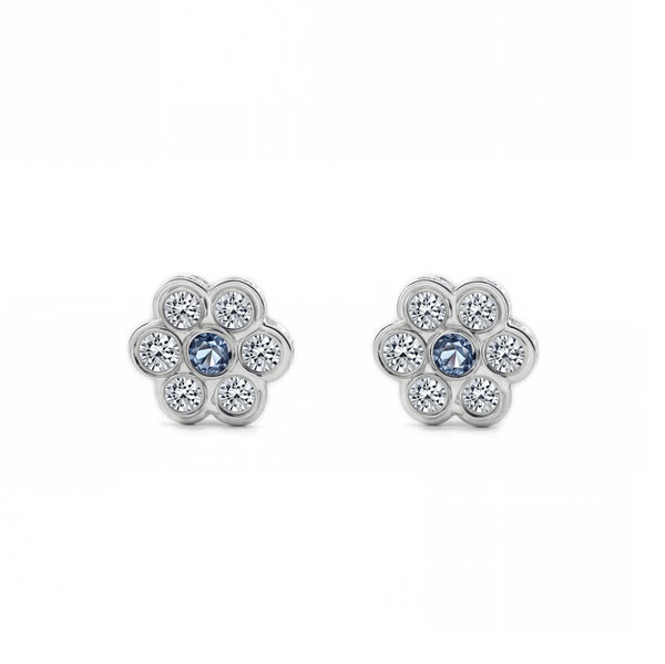 Mädchen Ohrringe Weißgold 18K Blume Zirkonia und synthetischer Saphir Glanz