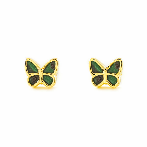 Pendientes Niña oro Amarillo 9K Mariposa Piedra Malaquita Verde Brillo