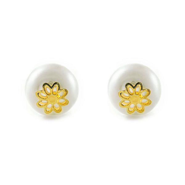 Pendientes Niña oro Amarillo 9K Flor Perla Natural Botón Brillo