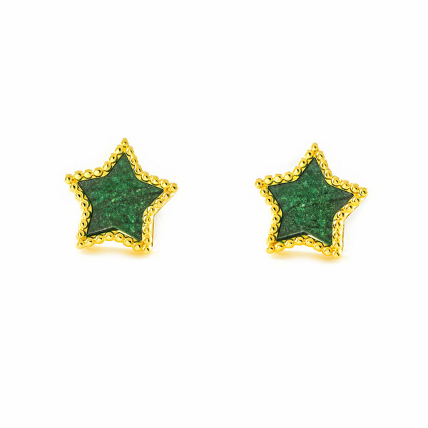 Pendientes Mujer oro Amarillo 9K Estrella Piedra Malaquita Verde Brillo y Textura