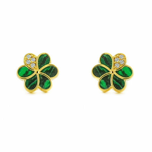 Pendientes Niña Mujer oro Amarillo 9K Flor Piedra Malaquita Verde Brillo