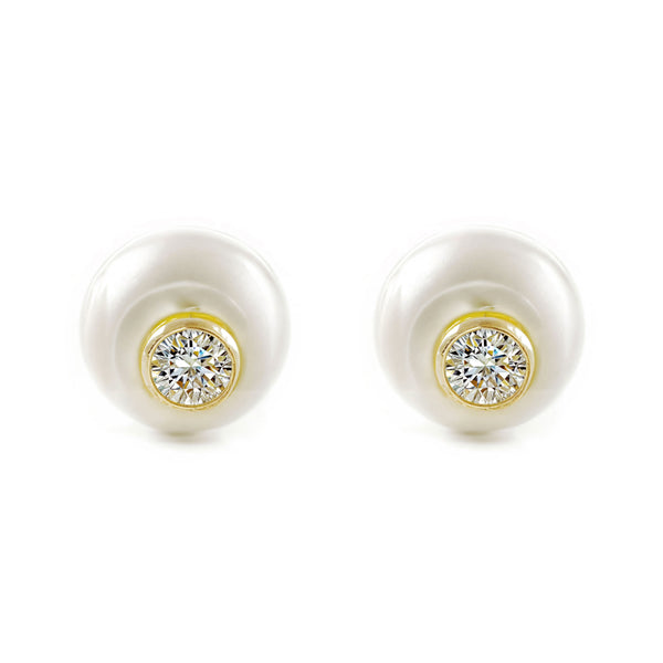 Pendientes Niña oro Amarillo 18K Redondo Perla Natural Botón Brillo