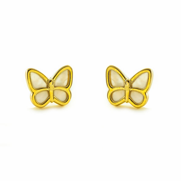 Pendientes Niña Mujer oro Amarillo 9K Mariposa Nácar Madre Perla Blanco Brillo