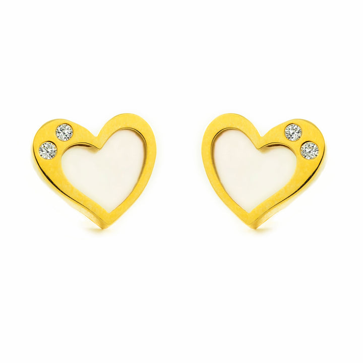 Pendientes Niña Mujer oro Amarillo 9K Corazón Nácar Madre Perla Blanco Brillo