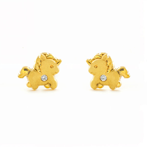 Pendientes Niña oro Amarillo 9K Unicornio Piedra Circonita Mate y Brillo