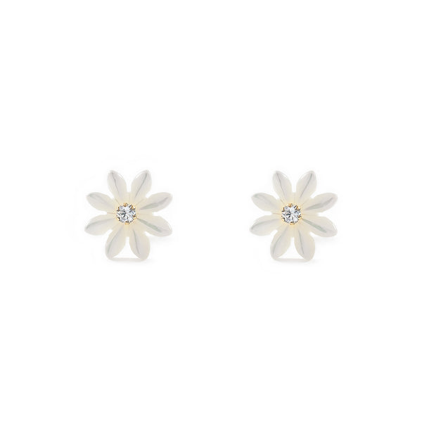 Damen & Kinder Perlmutt Blume Zirkon Ohrringe Gelbgold 9K