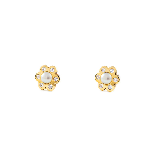 Damen & Kinder Blume Zirkon Perle 3,5 mm Ohrringe Gelbgold 9K