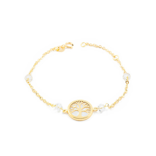 18K Gelbgold Mädchen Kinder Armband Perle Baum des Lebens Zirkonia Glanz 16 cm
