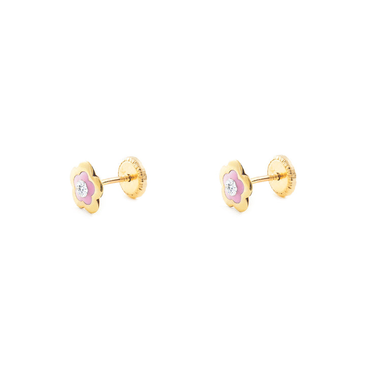 Pendientes Oro Niña Margarita esmalte rosa y circon (9kts)