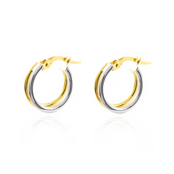 Damen Ohrringe Doppelt Hoop Creolen 14x4 mm 18K two color Gold