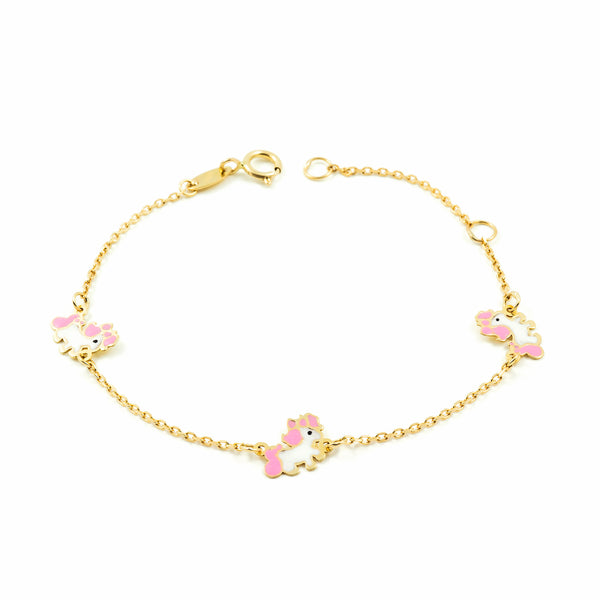 9K Gelbgold Mädchen Kinder Armband Rosa Weißer Emaille Einhorn Glanz 14 cm 