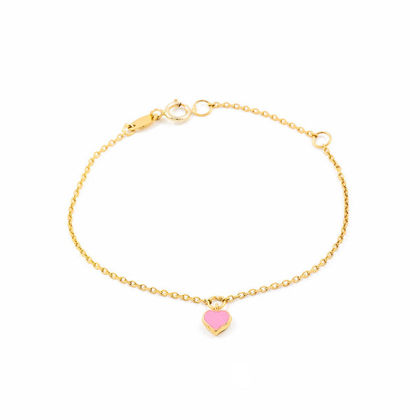 9K Gelbgold Mädchen Kinder Armband Rosa Emaille Herz Glanz 14 cm 