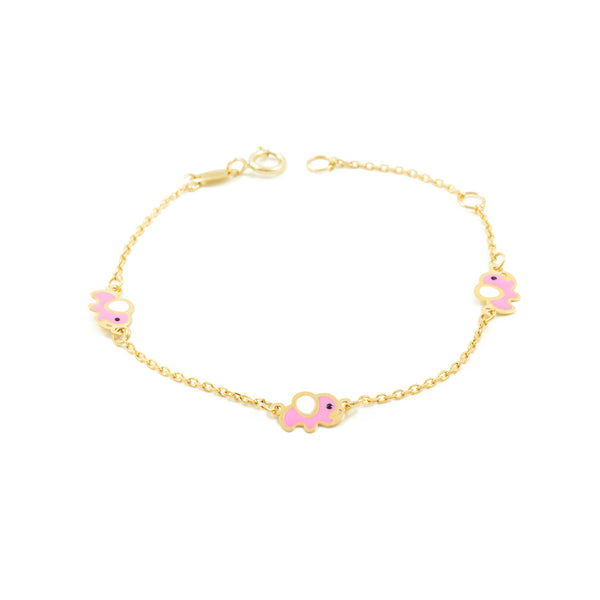 9K Gelbgold Kinder Armband Rosa Weißer Emaille Glanz 14 cm