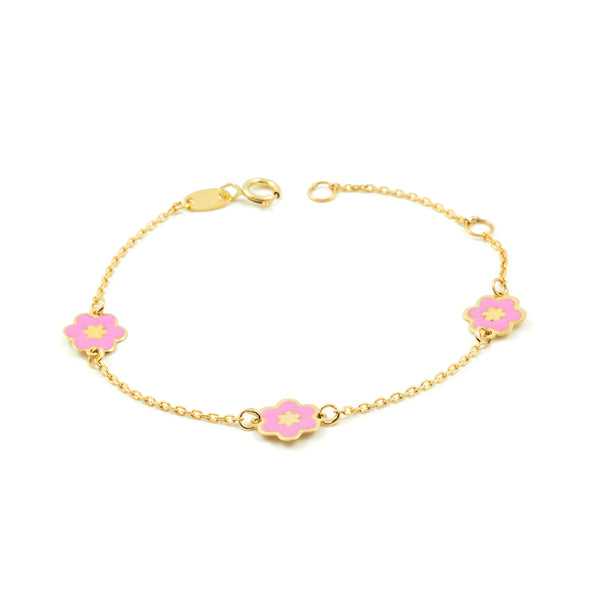 9K Gelbgold Mädchen Kinder Armband Rosa Blüte Glanz 14 cm 