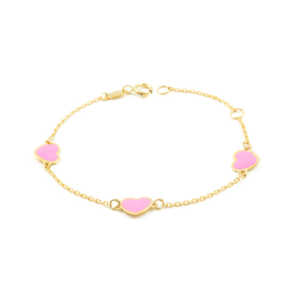 9K Gelbgold Mädchen Kinder Armband Rosa Emaille Herz Glanz 14 cm 