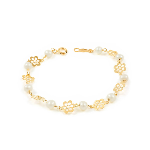 9K Gelbgold Mädchen Kinder Armband runder 35 mm Perle Margeritenblüte Glanz 13 cm