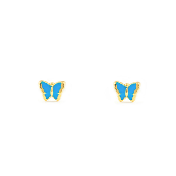 Intensive blaue Emaille Schmetterling Kinder Baby Mädchen Ohrringe Gelbgold 9K