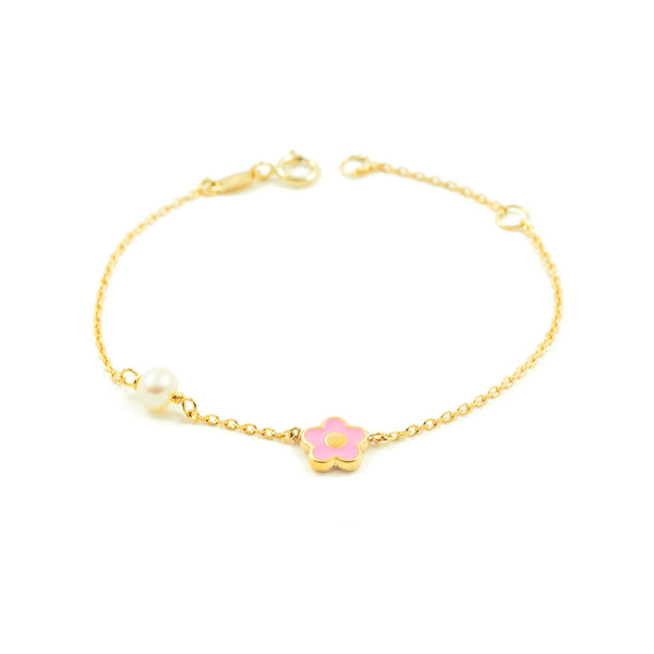 9K Gelbgold Damen & Kinder Rosa Emaille Blume Perle 4 mm Armband