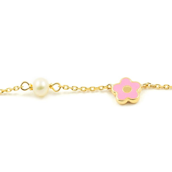 Pulsera Bebe Oro Amarillo flor motivo rosa esmalte y perla (9kts)