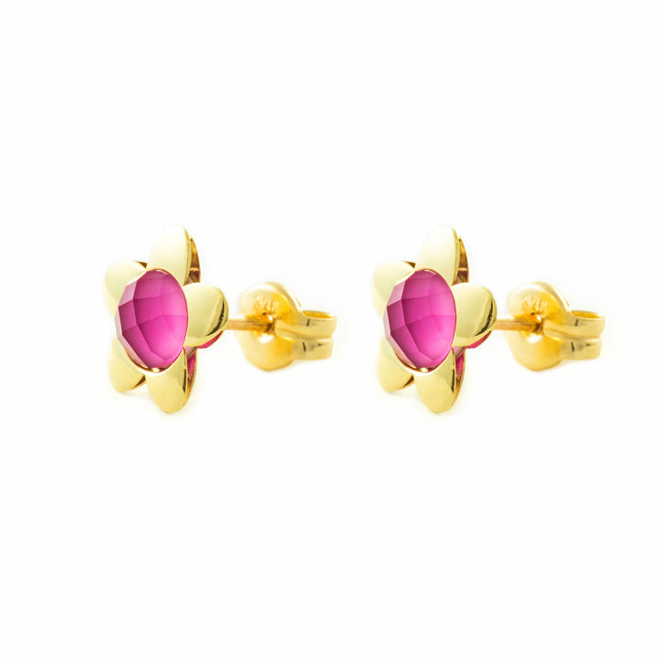 Pendientes oro amarillo niña margarita con briolet rosa 