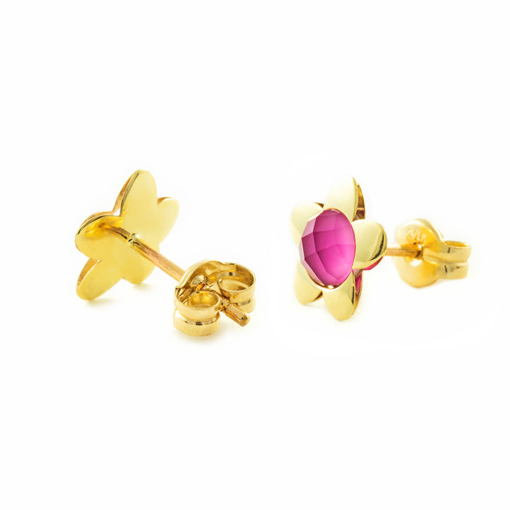 Pendientes oro amarillo niña margarita con briolet rosa 