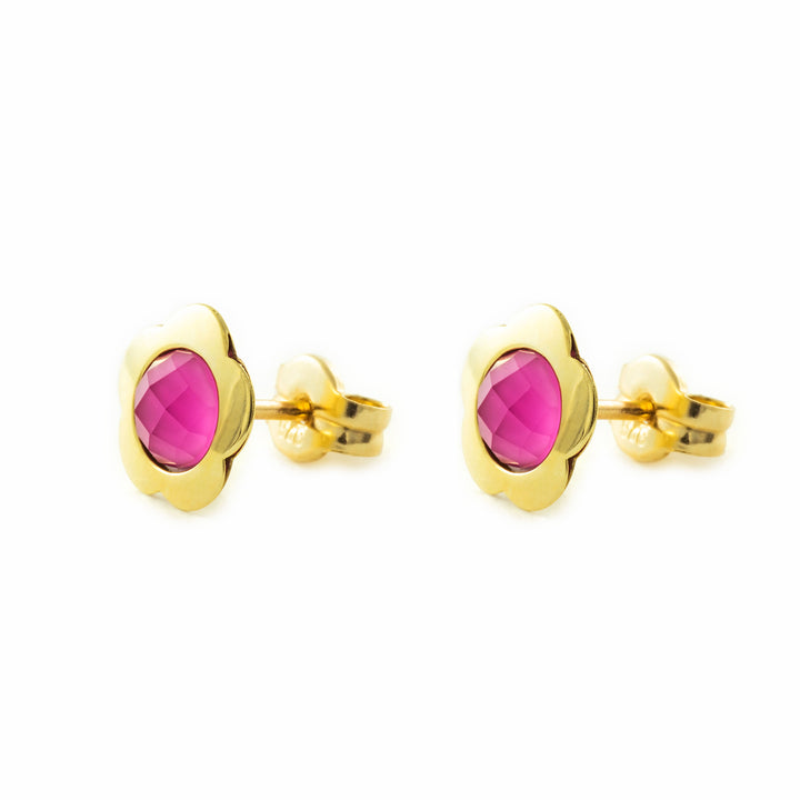 Pendientes oro amarillo niña flor con briolet rosa 