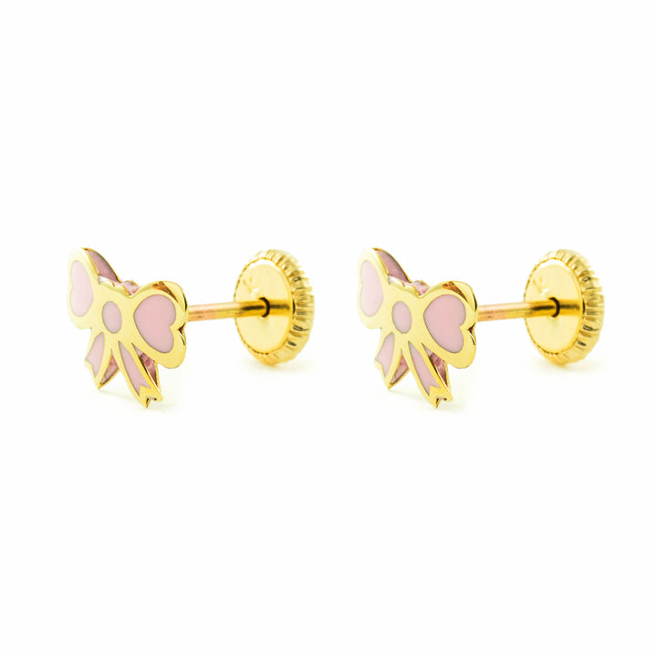 Pendientes Niña oro amarillo lazo esmalte rosa corazones (9kts)