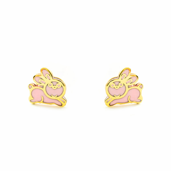 Rosa Emaille Kaninchen Kinder Baby Mädchen Ohrringe Gelbgold 9K