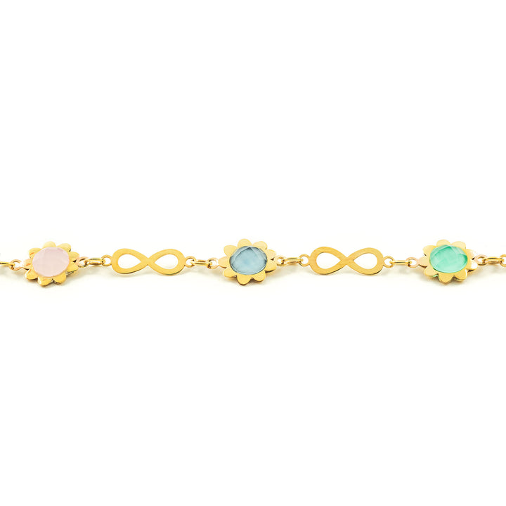 Pulsera Oro Amarillo infinitos con flores y piedras de color (9kts)