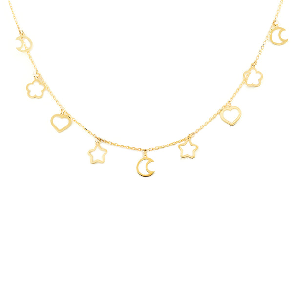 Damen Halskette 9K Gelbgold glänzenden Charms 42 cm