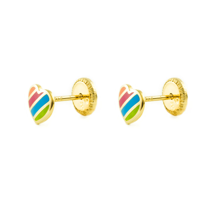 Pendientes oro niña corazon esmalte franjas (9kts)