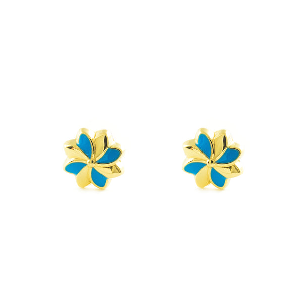 Blaue Emaille Blume Kinder Mädchen Ohrringe Gelbgold 18K