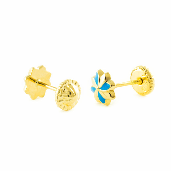 Pendientes oro amarillo niña Flor Esmaltada Azul