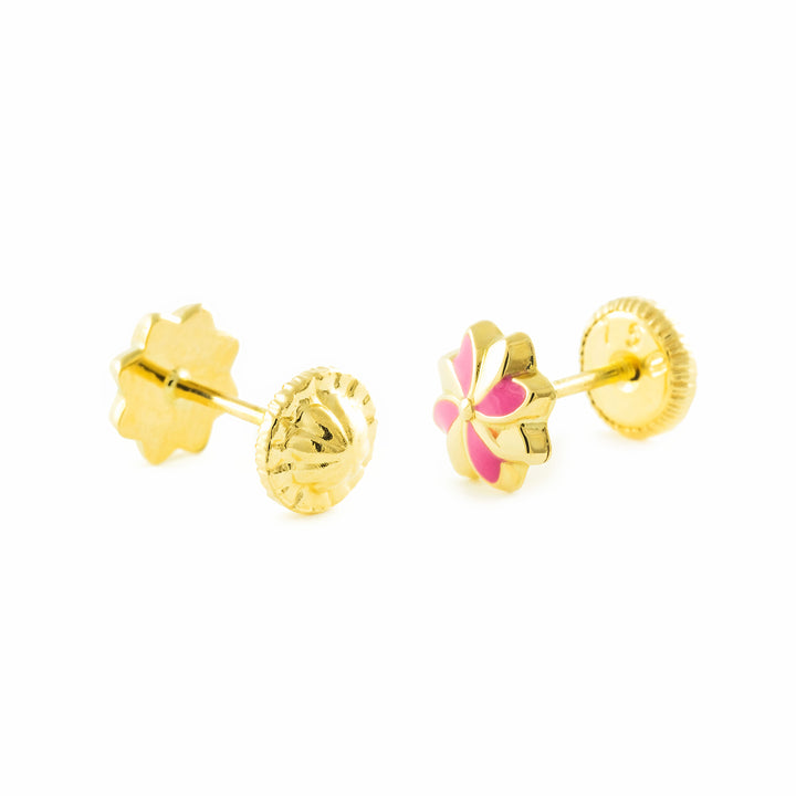 Pendientes oro amarillo niña Flor Esmaltada Rosa (9kt)