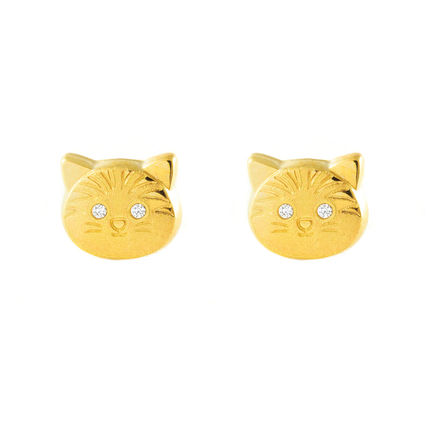 Katze Zirkon Kinder Mädchen matt und glänzend Ohrringe Gelbgold 9K