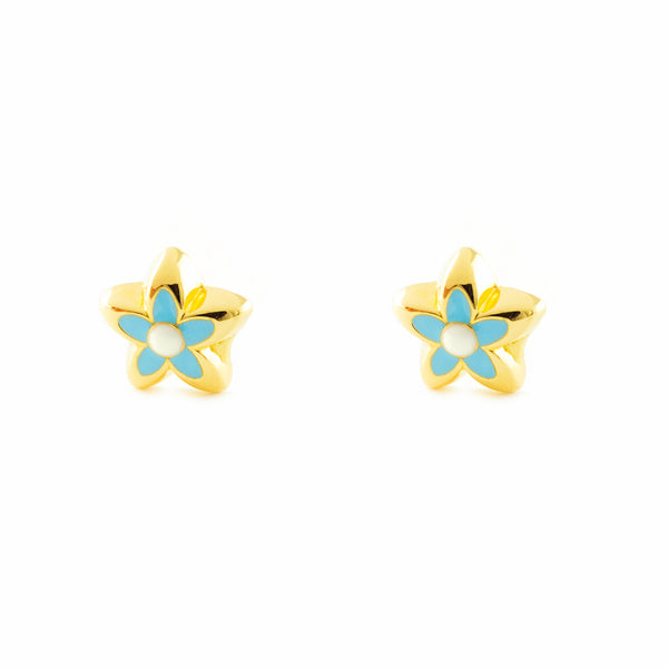 Blaue Emaille Blume Kinder Mädchen Ohrringe Gelbgold 18K