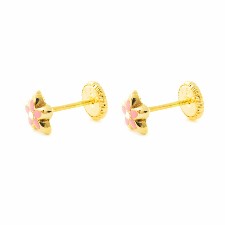 Pendientes oro amarillo niña Flor Esmaltada Rosa