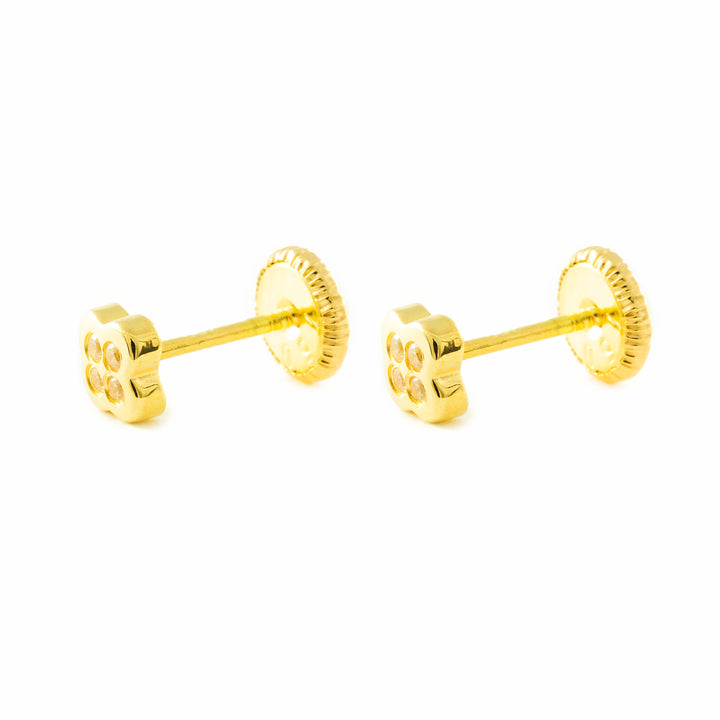 Pendientes Bebe Oro Amarillo mni Flor 4 Petalos con Circonitas