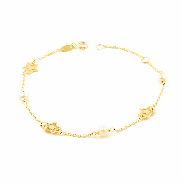 9K Gelbgold Damen Mädchen Armband runder 3,5 mm Perle matten glänzenden Sternen 18 cm