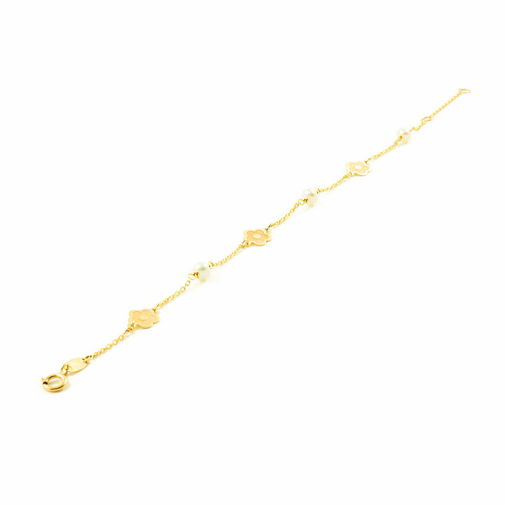 Pulsera Oro amarillo flores mate y brillo con perlas (9kts)