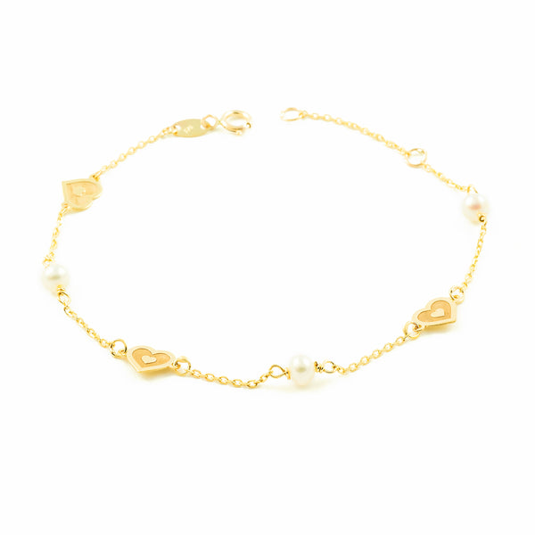 9K Gelbgold Damen Mädchen Armband runder 3,5 mm Perle matten glänzenden Herzen 18 cm