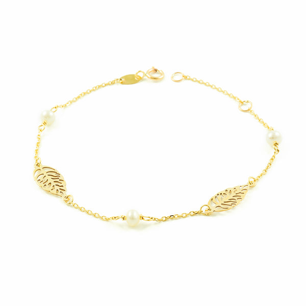 9K Gelbgold Damen Mädchen Armband runder Perle 3,5 mm Blätterglanz 18 cm