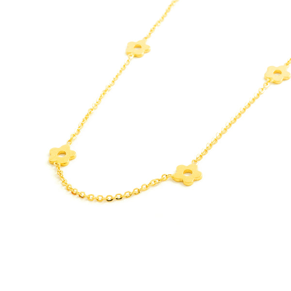 Damen Halskette 18K Gelbgold glänzenden Blumen 42 cm