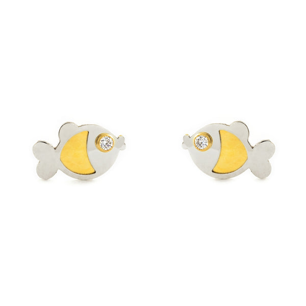 Fisch Zirkon Kinder Mädchen matt und glänzend Ohrringe 9K two color Gold