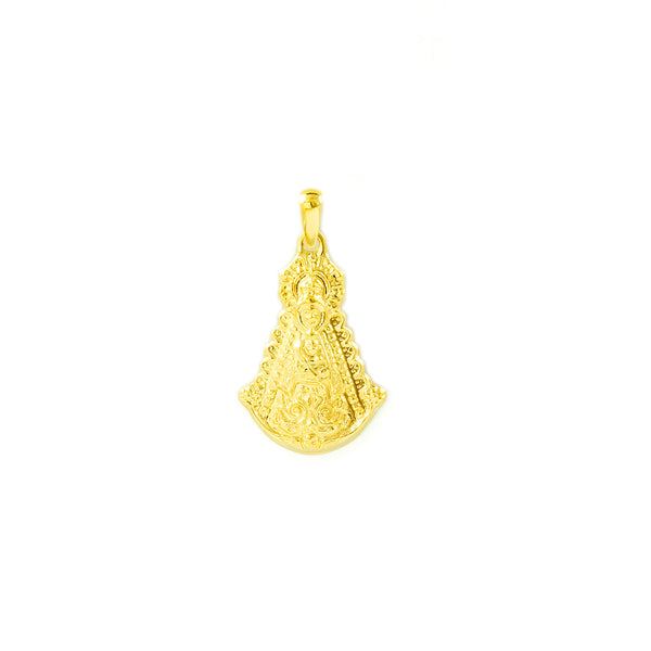 Kleine Gelbgold 18K Medaille Anhänger mit glänzendem Bildnis der Jungfrau von Rocío 19 x 12 mm