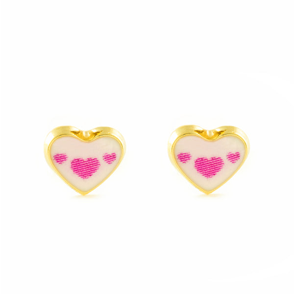 Rosa-Weiße Emaille Herz Kinder Mädchen Ohrringe Gelbgold 9K