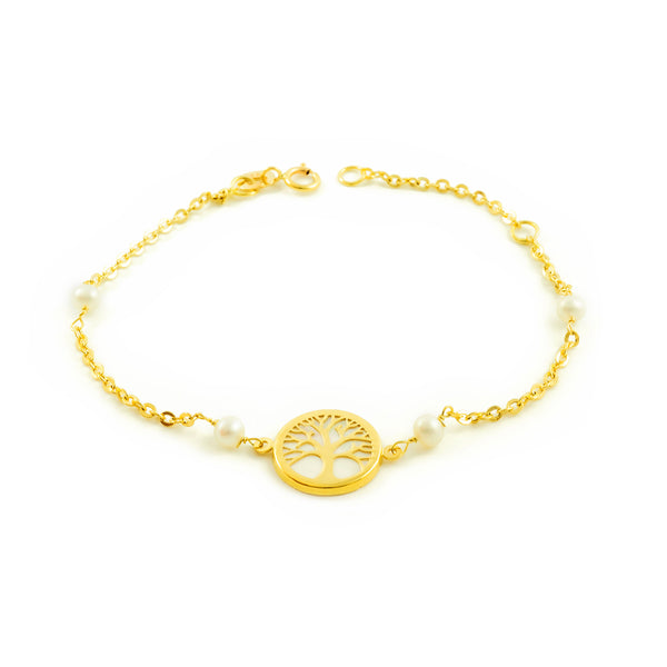 18K Gelbgold Mädchen Kinder Armband 3,5 mm runder Perle Nacre Glanz 18 cm Lebensbaum Motiv