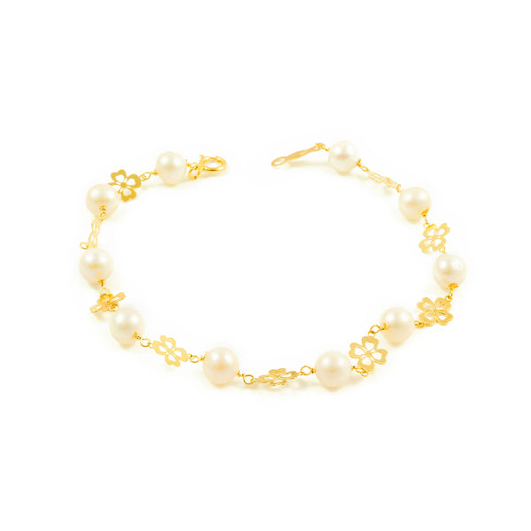 18K Gelbgold Mädchen Kinder Armband 5,5 mm runder Perle 18 cm langem Glanz Kleeblatt